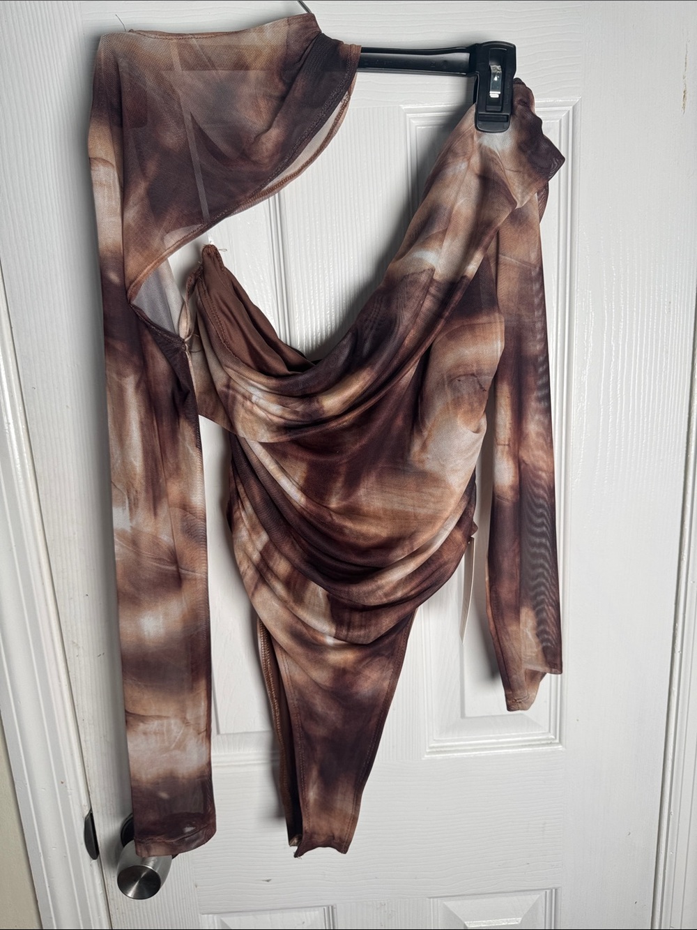 SHEIN Brown and Cream Tie-Dye Sheer Bodysuit